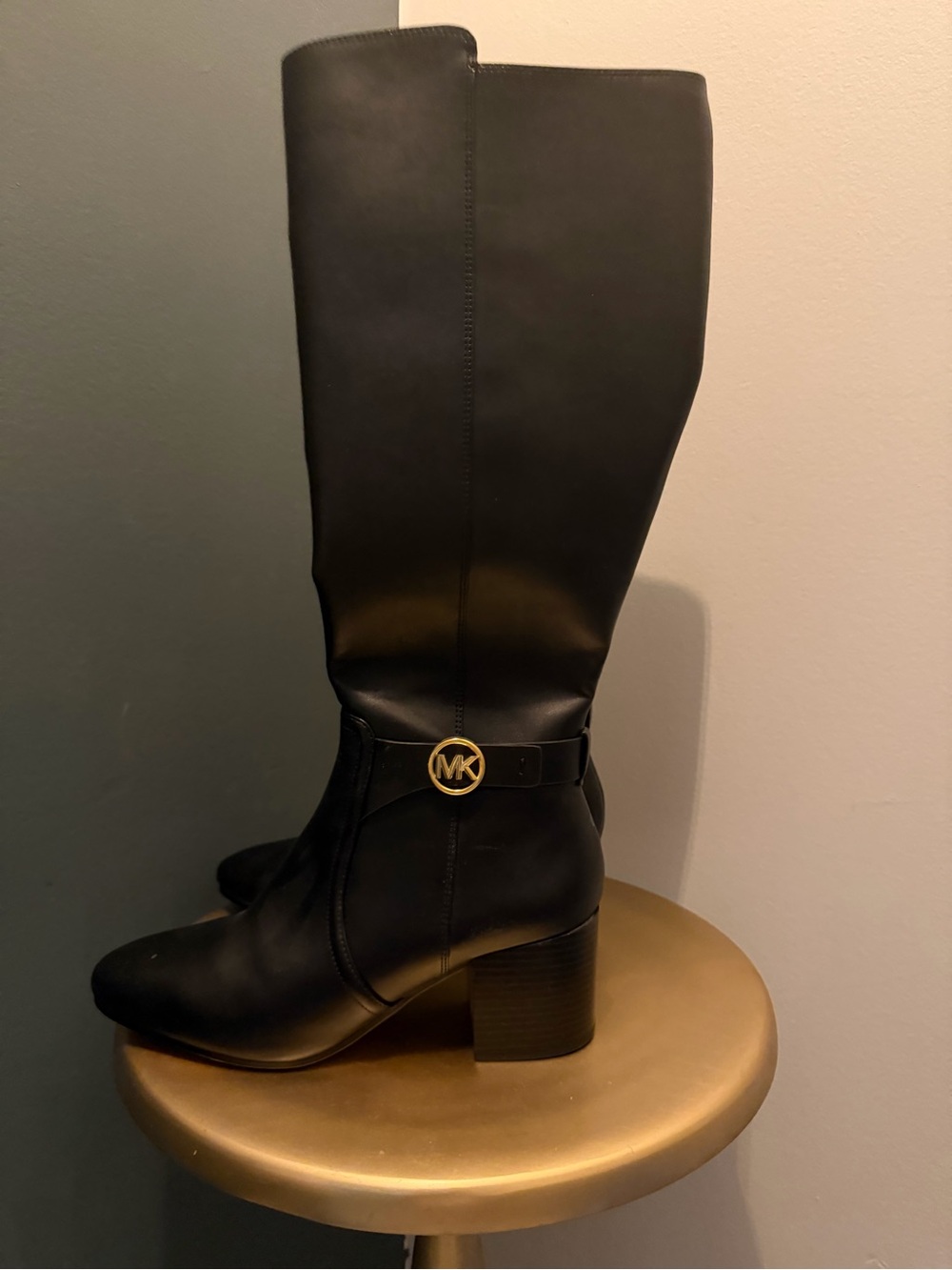 Michael Kors Black Leather Knee-High Block Heel Boots with MK Emblem